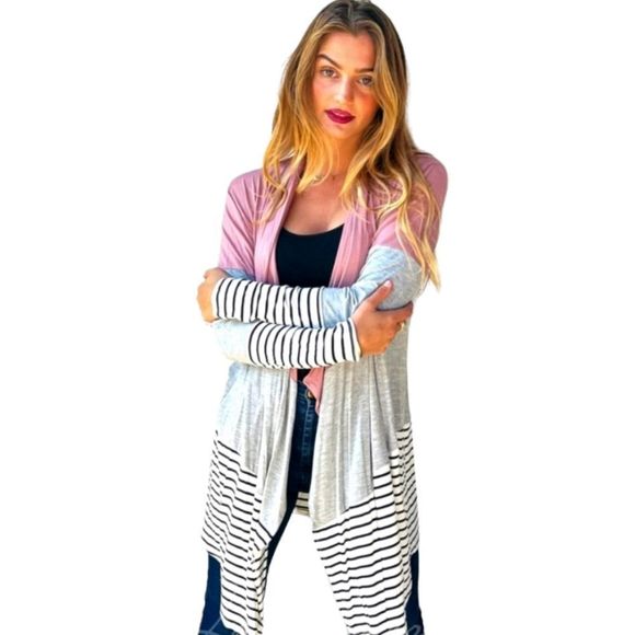 (Out Of Stock) Mauve Color Block Stripe Cardigan - Picture 6 of 6